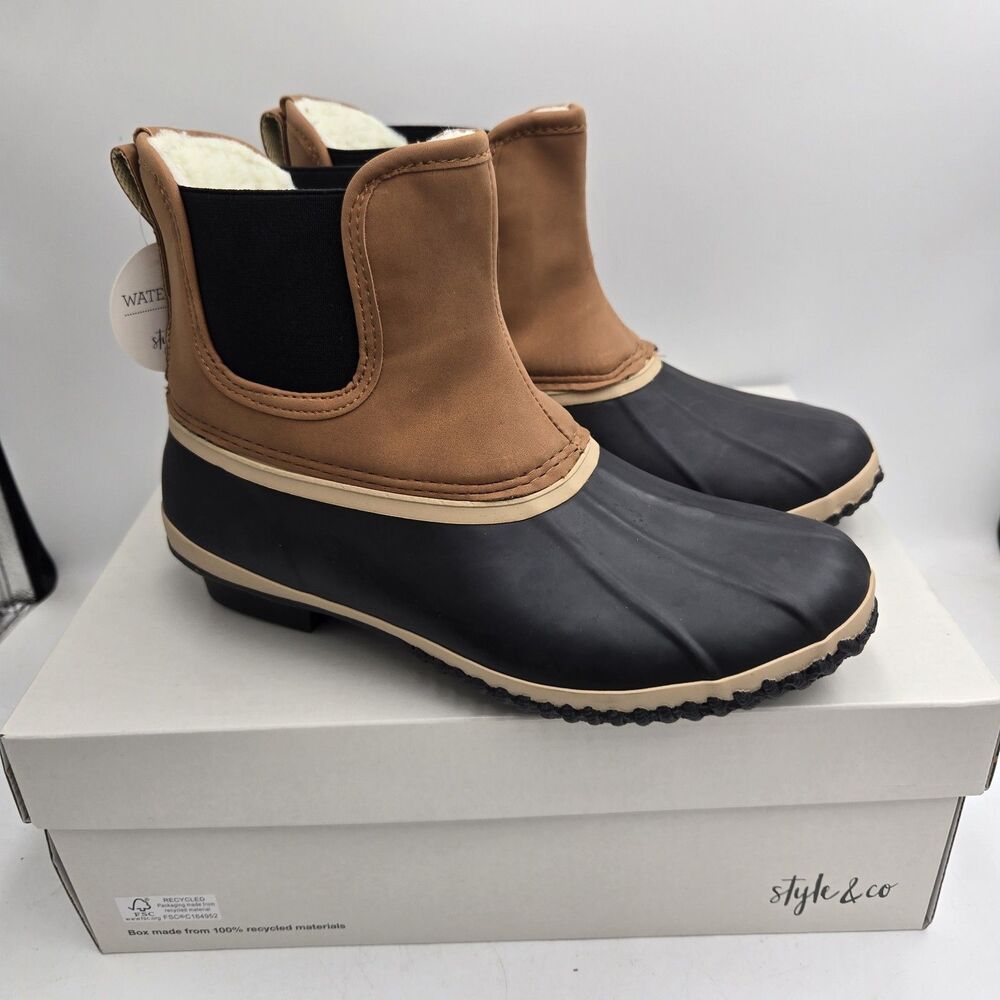 Style & Co Harlii Waterproof Duck Boots Womens 6 M Chestnut Faux Fur Lined New